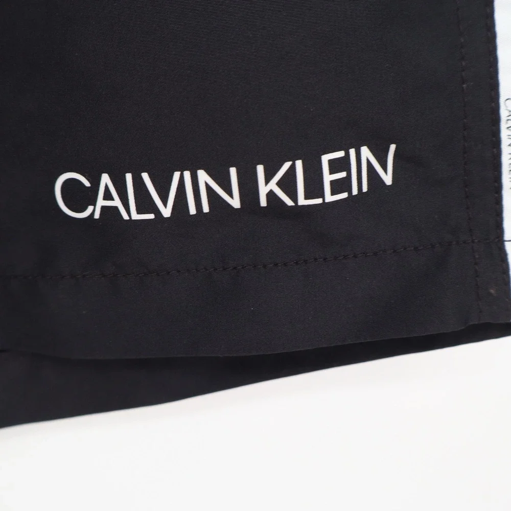Calvin Klein Mens Swim Trunks Black Logo Side Tape Drawstring Medium
